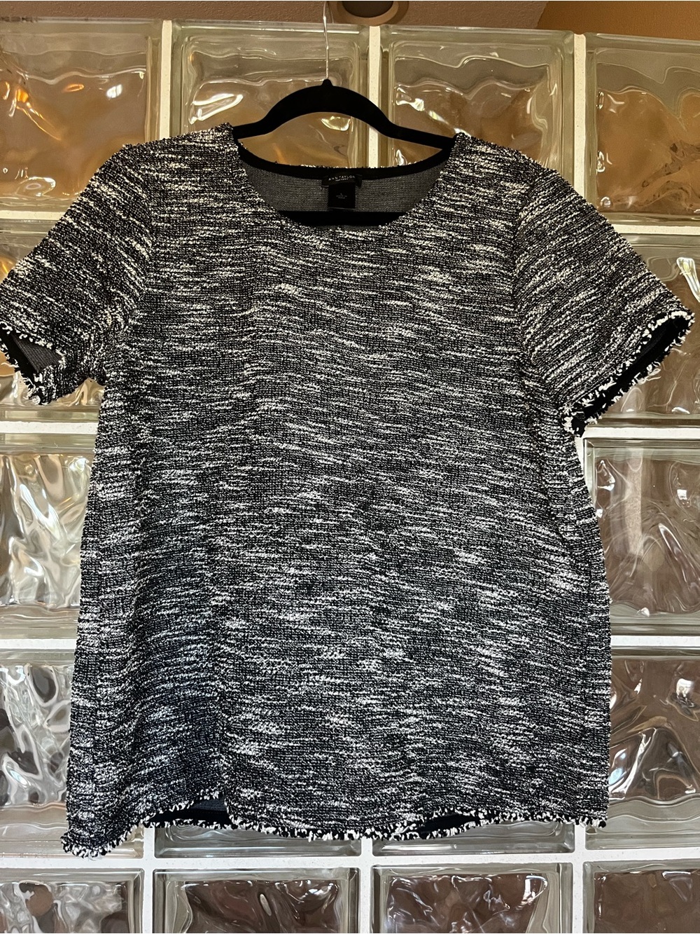 Ann Taylor Black and White Tweed Short Sleeve Top with Fringe Trim